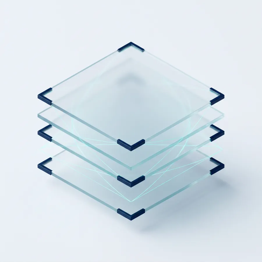 Abstracte illustratie van gestapelde, transparante lagen die met turquoise lijnen zijn verbonden, als beeld voor samenhangende informatielagen.